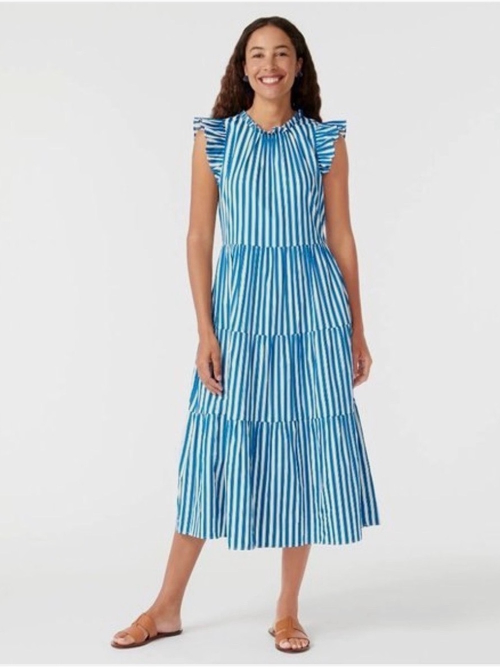 Blue and White Striped Ruffle-Sleeve J Crew Dress